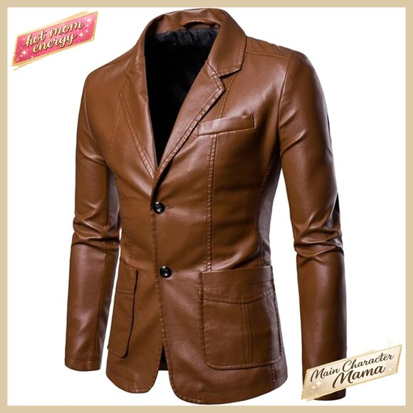 Slim Fit Faux Leather Blazer Notched Lapel Business Casual Jacket